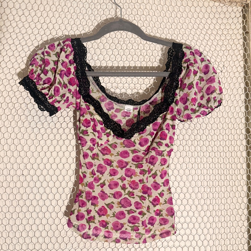 Kimchi Blue Pink Floral Blouse with Black Lace
